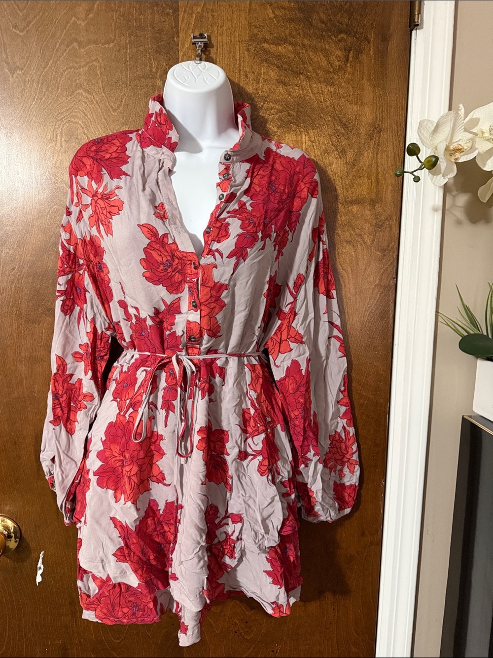Free People Cream Tunic with Red Floral Print and Tie Waist